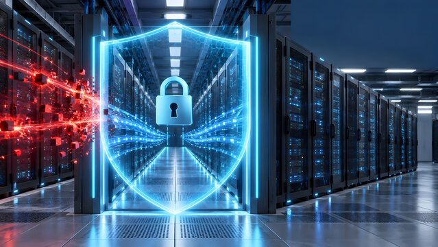 Large digital security shield with padlock blocking aggressive red cyber attack in modern data center server aisle