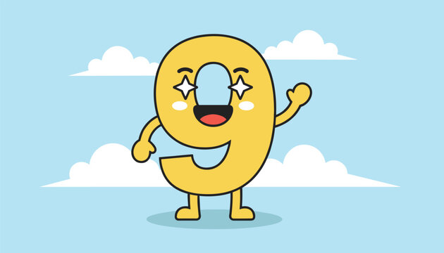 Whimsical cartoon illustration of a happy yellow number nine character with star eyes waving against a sky background.