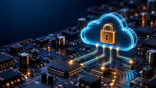 Cloud computing cybersecurity architecture featuring glowing padlock and digital data lines connected to advanced computer motherboard
