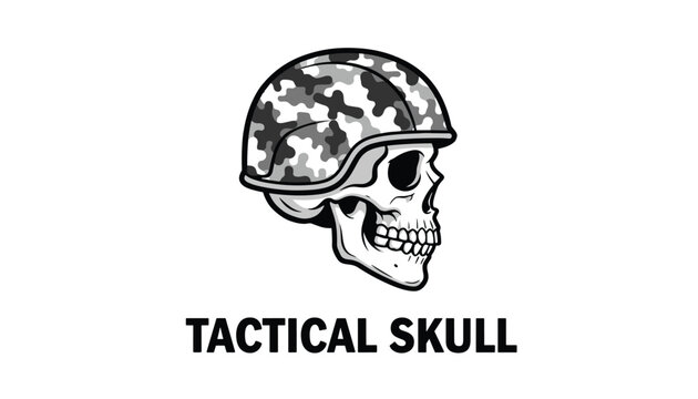 Monochrome vector emblem of a human skull wearing a military camouflage helmet with tactical skull text below.