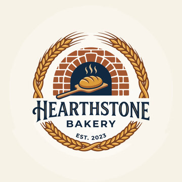 This logo features an inviting hearth, a loaf of bread, and golden wheat, emphasizing artisanal baking and warmth in a classic design for a bakery establishment.