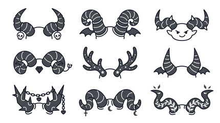 Fototapeta premium Demonic and animal horn headwear icons set.