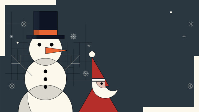 Minimalist geometric Santa Claus and snowman with snowfall modern retro style on night sky background horizontal template have blank space.