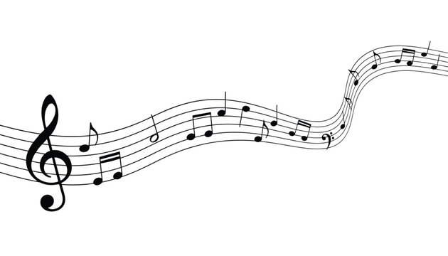 Flowing black musical notes and a treble clef symbol placed on a wavy five-line staff over a clean white background.