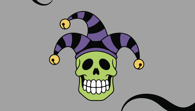 Creepy green skull character wearing a striped purple and black jester hat with golden bells against a grey background.