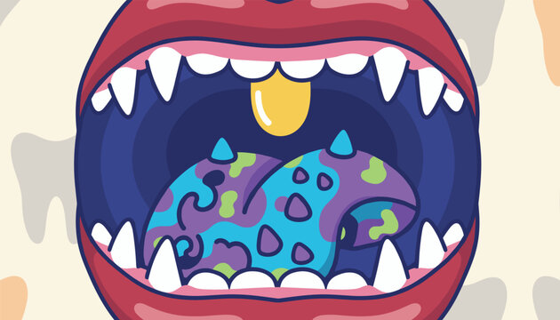 Cartoon illustration of an open monster mouth showing sharp white fangs, a yellow uvula, and a colorful patterned tongue.