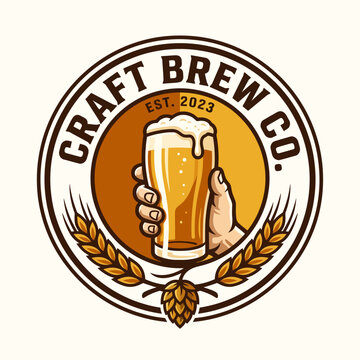 This engaging logo design for a Craft Brew Company emphasizes the value of handcrafted beer, showcasing a hand holding a glass in a warm color palette that invites enjoyment.
