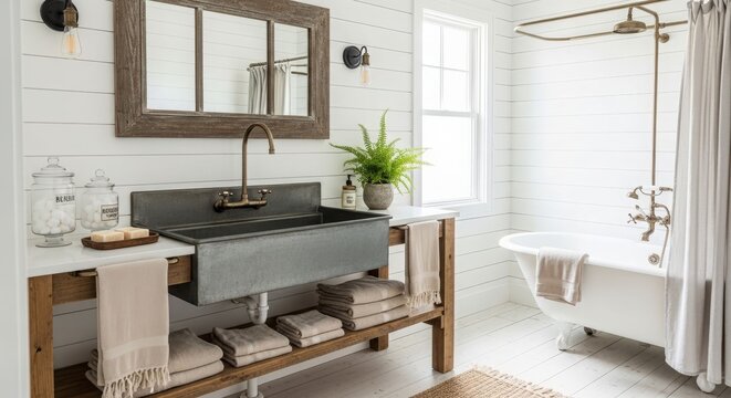 Rustic farmhouse bathroom with a dark metal trough sink, wooden vanity, and a classic clawfoot tub.