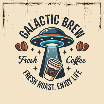 An eye-catching design for a coffee shop named 'Galactic Brew', featuring a cosmic theme with interstellar elements and coffee imagery, perfect for attracting customers.
