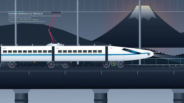 Shinkansen bullet train regenerative braking system infographic animation showing train to train energy recirculation and deceleration processes with technical data