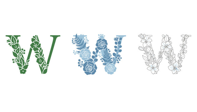 Monogram design of capital letter W decorated with beautiful floral patterns in green, blue, and line art styles.