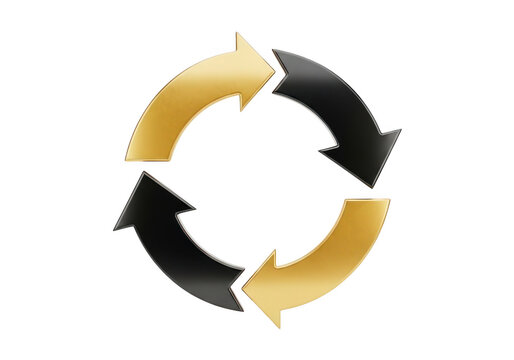 A circular arrow cycle with black and gold arrows isolated on transparent background