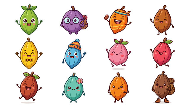 Diverse set of anthropomorphic cocoa pod characters in various colors.