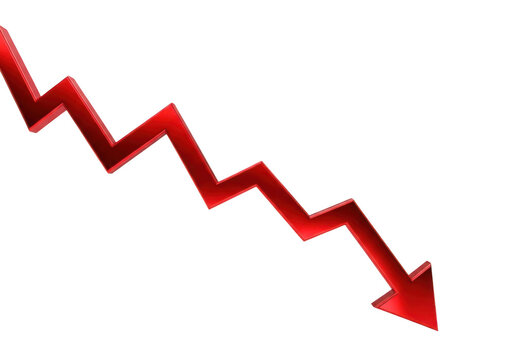 A red arrow pointing downwards in a jagged line isolated on transparent background
