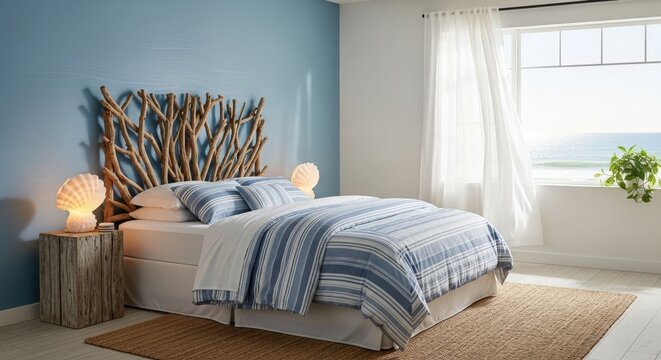 Bright coastal bedroom with a unique driftwood headboard, blue walls, and a serene ocean view through a large window.