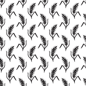 Seamless pattern with hand drawn cereal wheat oat rye barley rice ears spikelet Organic healthy food For decorative print, fabric, package, background