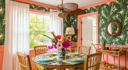Naklejka premium Vibrant tropical dining room featuring banana leaf wallpaper, coral trim, a rattan dining set, and a bar cart filled with drinks and fresh fruit.