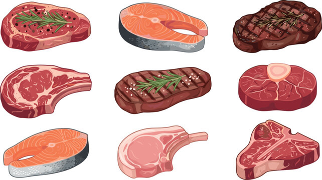 Assorted raw and grilled meat cuts set including beef steak pork chop t-bone ribeye osso buco and salmon fish fillets vector