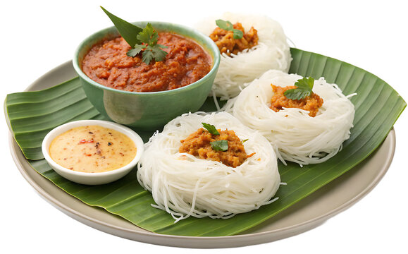Sri Lanka &ndash; String hoppers served with coconut sambol and curry, isolated on white background, realistic food image.