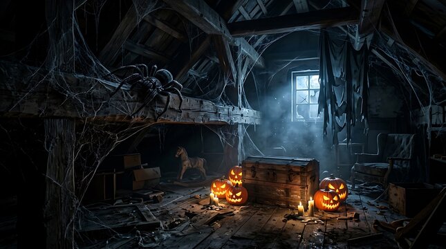 Haunted house with jack o lanterns and firelight at night