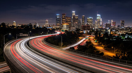 Fototapeta premium Curved Highway Light Trails Leading Toward Illuminated Downtown City Skyline at Night Long Exposure View