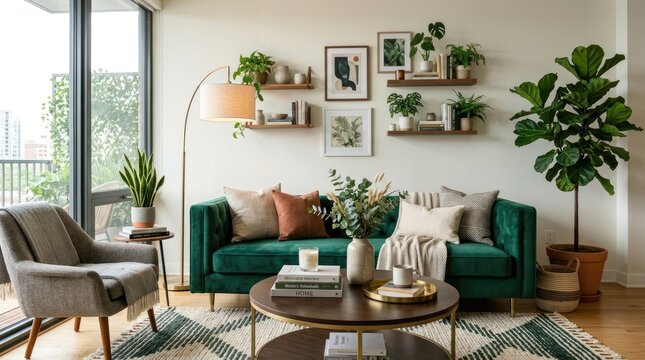A stylish living room features a green velvet sofa, a wooden coffee table, and a floor lamp with a warm glow.