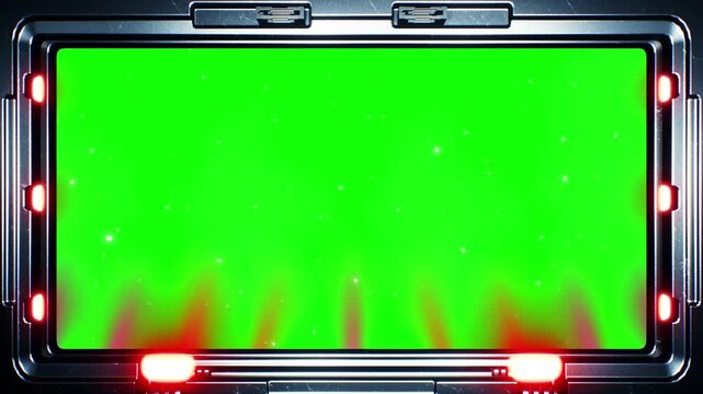 Futuristic metallic frame enclosing a bright green screen display adorned with glowing red indicator lights and subtle white dust particles creating a sci-fi command interface appearance.