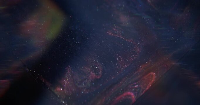 Shiny ink. Acrylic flow. Blur blue purple color mix sparkling flare texture glitter fluid floating on abstract radiant background.