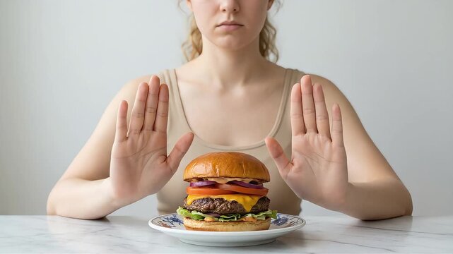 A woman refuses a hamburger with both hands.