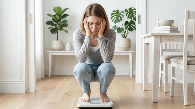 A woman stands on a scale and holds her head in her hands, troubled by the measurement result.