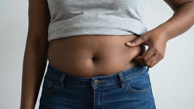 Close-up of a woman checking her figure with her hand on her stomach.