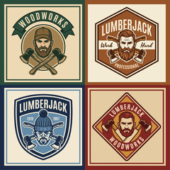 Fototapeta premium A collection of vintage lumberjack logos showcasing rugged men with axes, representing craftsmanship, strength, and the outdoors in a stylized and artistic manner.