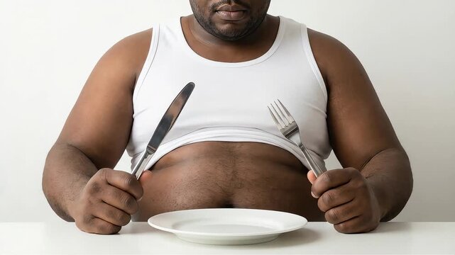 A man waits for his meal with an empty plate in front of him.