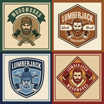A collection of vintage lumberjack logos showcasing rugged men with axes, representing craftsmanship, strength, and the outdoors in a stylized and artistic manner.