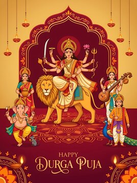 Illustration of hindu deities with goddess durga on a lion for durga puja