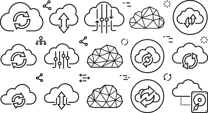 Cloud computing synchronization and data storage line icon set featuring sync arrows transfer networks geometric shapes and hard-drive