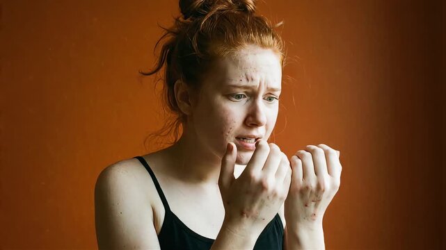 A young woman bites her nails anxiously.