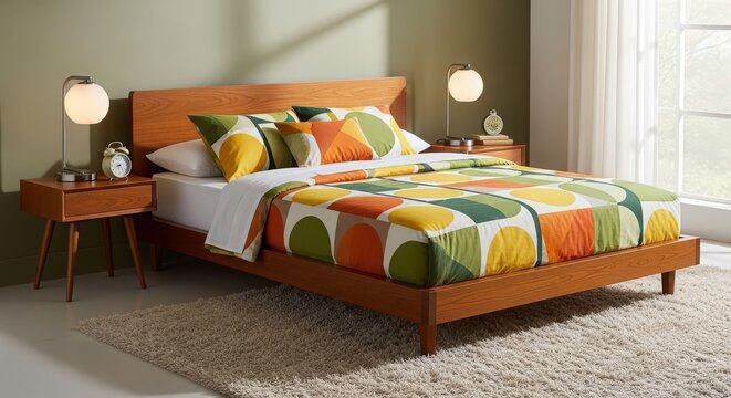 A modern bedroom featuring a wooden bed frame, colorful geometric bedding, two nightstands with wall lamps, and a shaggy rug.