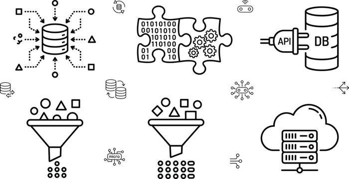 Data integration and api database connection line icon set featuring funnels puzzle binary code cloud server architecture elements