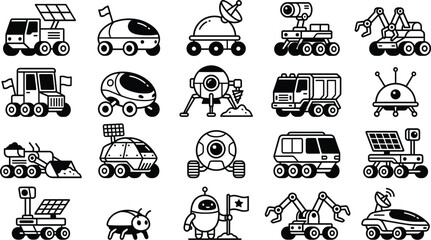 Space rover line icons set featuring Mars exploration vehicles, planetary rovers, robotic landers, astronauts with flags, and alien research equipment. © mst