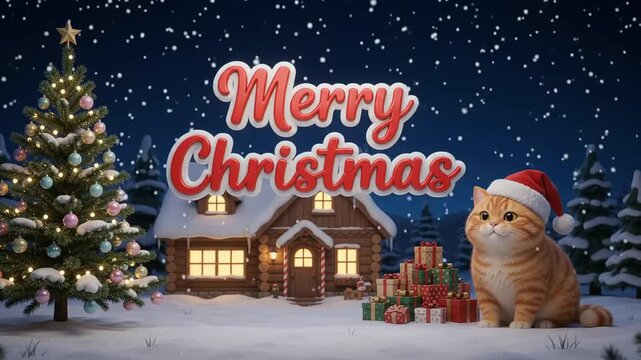 A cute 3D animated ginger cat in a Santa hat sitting by a snowy cabin and Christmas tree, featuring Merry Christmas text for holiday greeting cards and seasonal commercial videos.