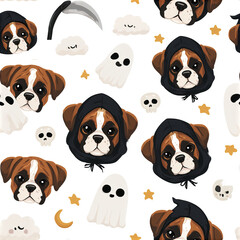 Obraz premium Cute boxer puppy faces dressed as little grim reapers with ghost, skull, stars, moon, and scythe for Halloween fun