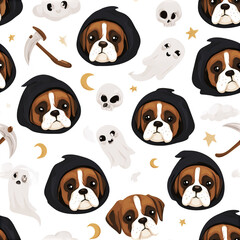 Obraz premium Cute boxer puppy faces dressed as little grim reapers with ghost, skull, moon, star, and scythe elements in seamless pattern