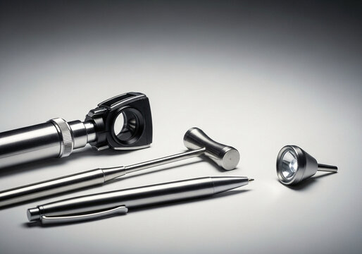 Doctor's diagnostic tools including an otoscope and reflex hammer on grey, no people