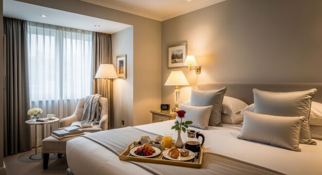 A luxurious hotel room with a comfortable bed and a delicious breakfast tray, featuring elegant decor and warm lighting.