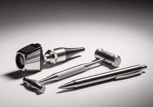 Doctor's diagnostic tools including an otoscope and reflex hammer on grey, no people