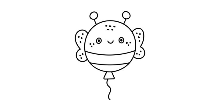 Hand drawn bee balloon illustration, cute bumblebee character line art, simple black and white insect doodle for coloring pages and nursery decor