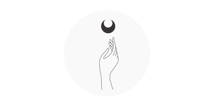 Minimalist line art hand reaching for crescent moon, mystical celestial illustration, elegant black and white spiritual logo design on white background