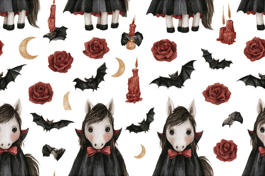 Cute cartoon horse vampire with red bow tie, black cape, red rose, bats, crescent moon, and red candle pattern