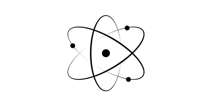 Minimalist atom model icon on white background, scientific nuclear physics symbol, black line art of atomic structure with electrons and nucleus